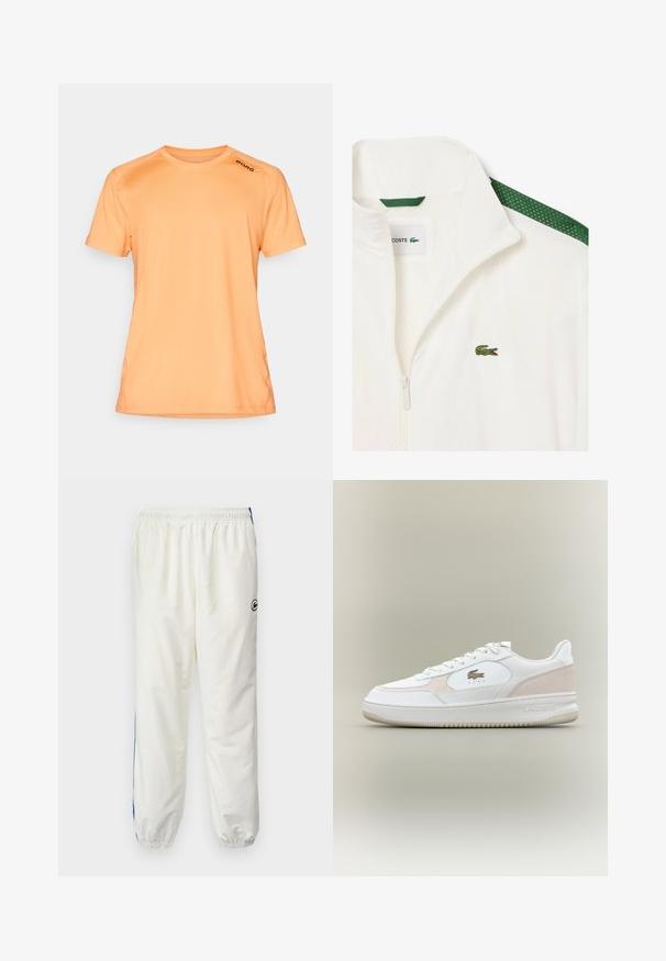 Valge tõmblukuga jakk, mille õlgadel on rohelised võrkdetaile ja rinnal väike roheline krokodillilogo. Kerge materjal.; Lühikeste varrukatega oranž sportlik särk, mis on valmistatud siledast kangast, ümmarguse kaelusega ja musta "BORG" logoga õlal.; Valged spordipüksid elastse vöökoha ja sinise külgtriibuga, vasakul puusal on väike must logo. Veniv ja kerge materjal.; Valged spordijalatsid, millel on sile nahast ülemine osa, sametised aktsendid ja kummist põhi. Funktsioonid sisaldavad reljeefset logo ja paeltega disaini. Minimalistlik esteetika.