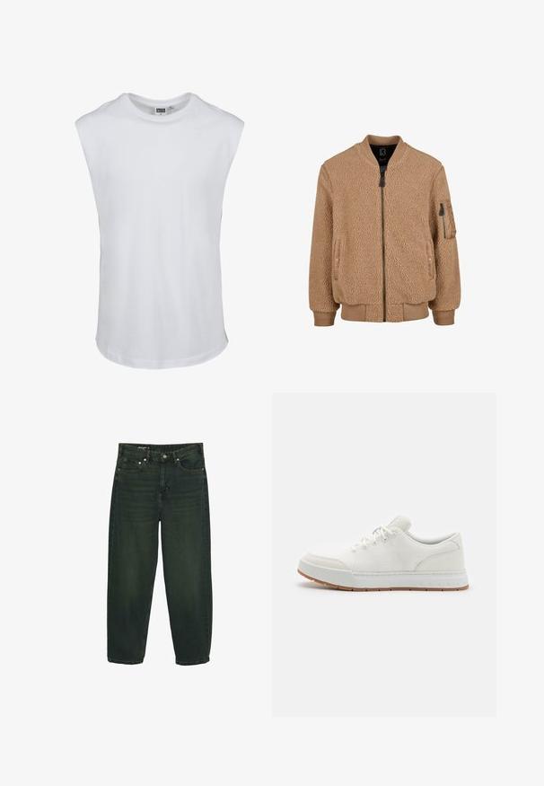 Tan fleece bomberjacka med en strukturerad yta, ribbade muddar och en dragkedjeficka på ärmen. Utrustad med en framsida som stängs med dragkedja.; Vit ärmlös t-shirt i bomull. Slät textur med rund halsringning och rak fåll. Inga grafiska detaljer eller ytterligare funktioner.; Mörkgröna rakbenade jeans med framknapp och dragkedja, fram- och bakfickor samt bälteshällor.; Vita idrottsskor med meshuppbyggnad, rund tå och gummisula med ett strukturerat mönster. Har platta snören och diskret logotyp på hälen.