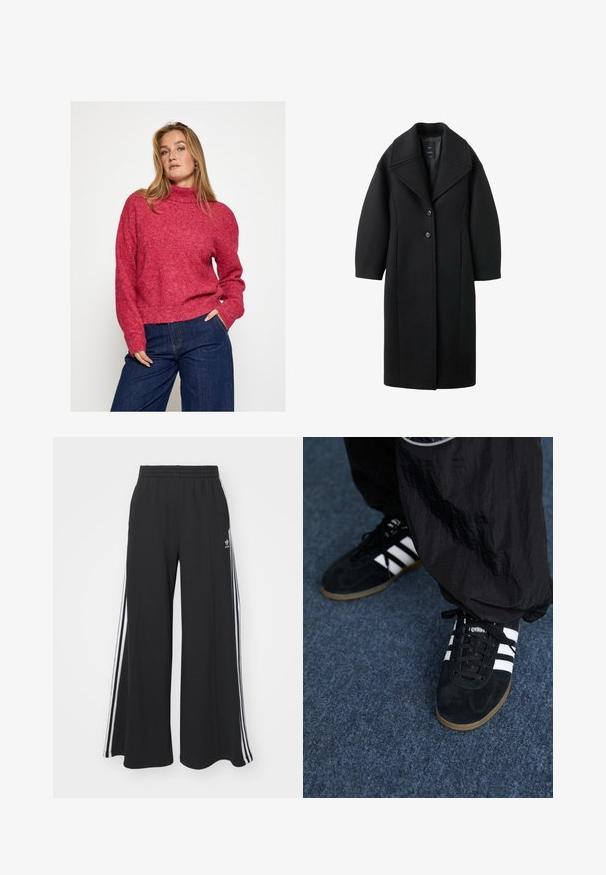 Black long wool coat with wide lapels, two front buttons, and long sleeves, displayed on a white background.; Red sweater featuring a high neck, soft texture, relaxed fit, and ribbed hem. Paired with dark blue wide-leg jeans.; Black wide-leg sweatpants with an elastic waistband, featuring white side stripes and an embroidered logo on the left thigh.; Black suede athletic shoes with three white stripes and black laces. A textured black pant is partially visible beside the shoes.