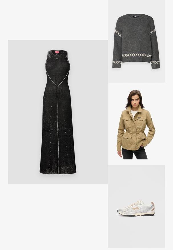 Beige utility jacket with a zip and snap closure, two chest pockets, drawstring waist, and green logo patch on sleeve. Woven cotton material.; Dark gray knitted sweater with a crew neck, featuring white cross-stitch accents along the sleeves and hem. Smooth texture.; Black sleeveless dress with textured fabric, featuring a fitted bodice and flared skirt. Contrast white stitching runs vertically down the front.; Sport sneaker in light gray with silver accents, mesh upper, beige details, and black rubber outsole. Features laces and a padded collar.