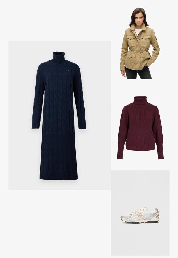 Beige utilityjack met een ritssluiting en drukknoopsluiting, twee borstzakken, trekkoord in de taille en een groen logopatch op de mouw. Geweven katoen.; Bordeaux coltrui gemaakt van ribgebreide stof, met lange mouwen en een relaxte pasvorm met strakke manchetten en een hoge kraag.; Donkerblauwe lang-vinger kabelgebreide coltrui jurk met geribde manchetten en zoom, voorzien van een klein logo op de borst.; Sportsneaker in lichtgrijs met zilveren accenten, bovenwerk van mesh, beige details en zwarte rubberen buitenzool. Voorzien van veters en een gevoerd colletje.