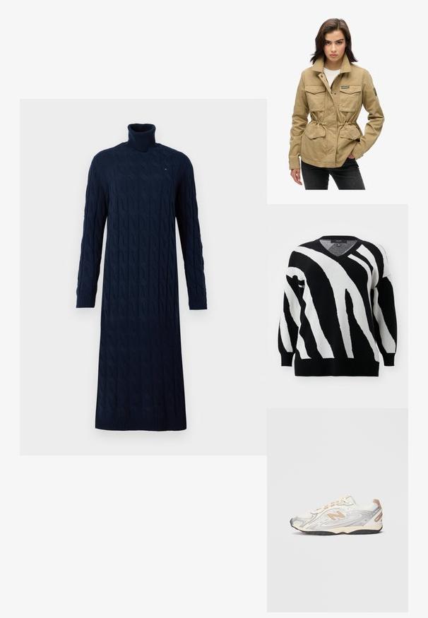 Beige utility jacket with a zip and snap closure, two chest pockets, drawstring waist, and green logo patch on sleeve. Woven cotton material.; Vero Moda Curve VMCNANCY VNECK LONG - Jumper - black/birch; Navy blue, long-sleeve cable knit turtleneck dress with ribbed cuffs and hem, featuring a small logo on the chest.; Sport sneaker in light gray with silver accents, mesh upper, beige details, and black rubber outsole. Features laces and a padded collar.