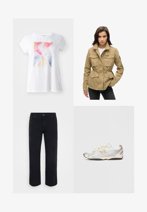 Beige utilityjakke med lynlås og trykknaplukning, to brystlommer, snørredetalje i taljen og grøn logo-patch på ærmet. Vævet bomuldsmateriale.; Hvid kortærmet t-shirt med et farverigt abstrakt design med rosa, blå og gyldne accenter. Blød tekstur, afslappet pasform.; Sorte denimjeans med lige ben-design. Funktioner inkluderer en knaplukning i taljen, bæltestropper og front-/baglommer. Glat tekstur.; Sportsko i let grå med sølv accenter, mesh-overdel, beige detaljer og sort gummisål. Har snørebånd og polstret krave.