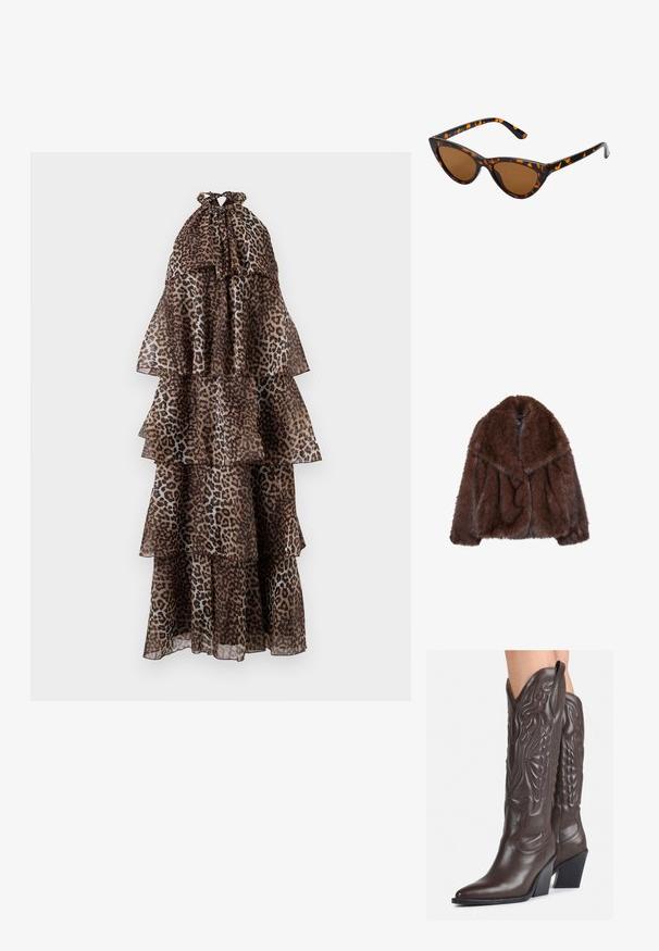 Hnedý umelý kožuch s širokým golierom, vo voľnom strihu a mäkkou textúrou. Má objemný dizajn a žiadne viditeľné zapínanie.; Maxi šaty s leopardím vzorom a vrstvenými volánmi, vyrobené z priesvitnej látky, s páskou za krkom a riasenými okrajmi. Dizajn dominuje zemskými tónmi.; Hnedé kožené kovbojské topánky s špicatou špičkou a blokovým podrážkou, so zložitým prešívaním a vyvýšenými akcentmi na puzdre.; Mačacie slnečné okuliare s čiernym a oranžovým želvovinovým rámom, hnedými sklami a elegantnými, špicatými koncami. Obsahujú minimalistické logo na spánku.
