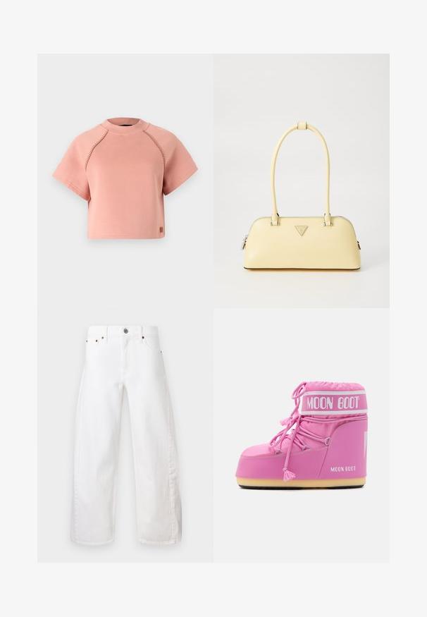 Smeđi kaput od umjetnog krzna s širokim ovratnikom, slobodnim krojem i mekanom teksturom. Ima bujan dizajn i nema vidljivih kopčanja.; Sivi flis pulover s četvrtim patentnim zatvaračem, sa elastičnim manžetama i rubom, prednjim džepom i malim bijelim logotipom na lijevoj strani grudnog koša.; Ružičasti skraćeni dukserica s okruglim izrezom, kratkim rukavima i kontrastnim šavovima. Ima mali logotip na rubu.; Bijele široke traperice od pamučnog denima. Imaju kopčanje na dugme i patentni zatvarač, prednje džepove i suptilno šivanje duž šavova.; Ružičasta Moon Boot s visokim vrhom, teksturiranom tkaninom, dekorativnim vezicama i oznakom branda. Ima izdržljiv potplat za stabilnost.; Žuta lakirana kožna torba za ruke zaobljenog oblika, s jednim gornjim drške i srebrnom logotip pločicom. Ima zatvaranje na zip i glatku teksturu.