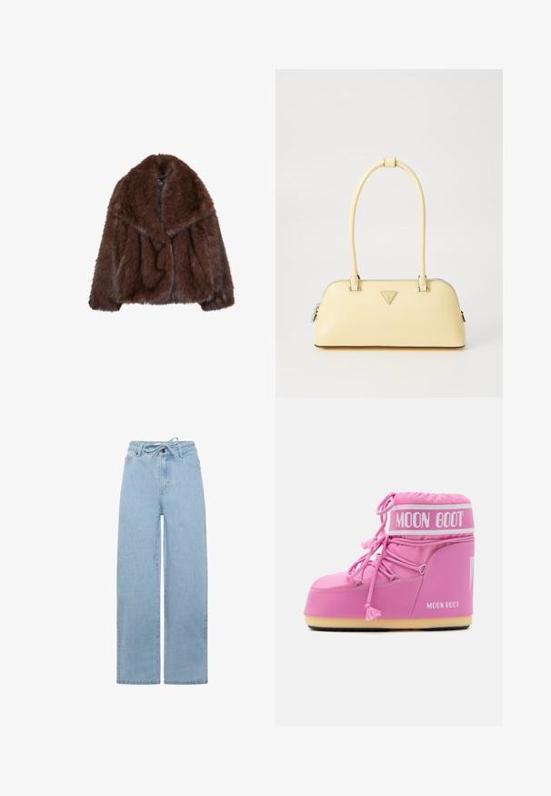 Hnědý kožich z umělé kožešiny s širokým límcem, volným střihem a měkkou texturou. Disponuje objemným designem a bez viditelných zapínání.; Šedý fleecový pulovr s čtvrtovým zipem, disponující elastickými manžetami a lemem, přední kapsou a malým bílým logem na levém prsu.; Světle modré široké džíny vyrobené z denimu, s elastickým pasem na šňůrku a standardním pěti kapsovým designem. Látka má hladkou texturu.; Růžová vysoká Moon Boot s texturovanou tkaninou, dekorativními tkaničkami a značkovým popruhem. Obsahuje odolnou podrážku pro stabilitu.; Žlutá lakovaná kabelka s zaobleným tvarem, jedním horním uchopem a stříbrnou logovou destičkou. Obsahuje zipové zavírání a hladký povrch.
