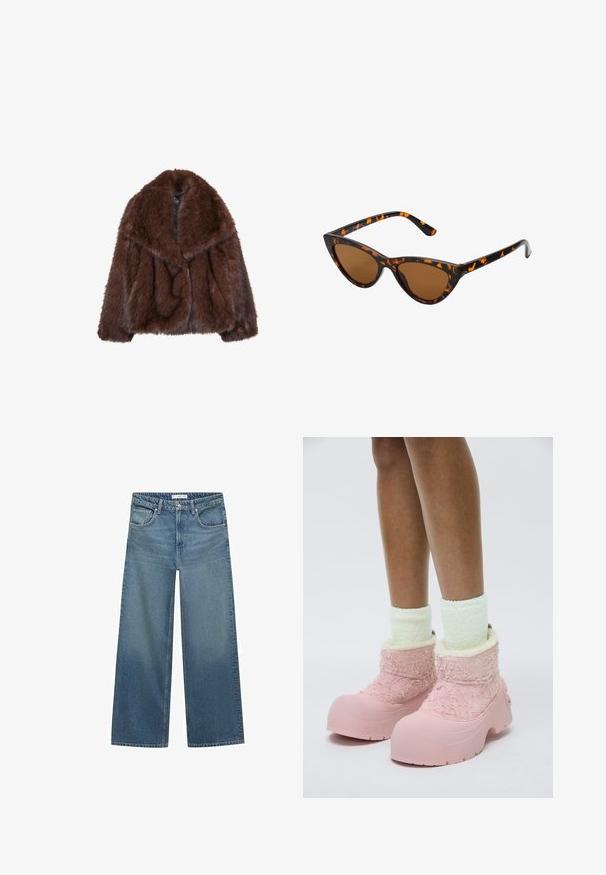 Smeđi kaput od umjetnog krzna s širokim ovratnikom, slobodnim krojem i mekanom teksturom. Ima bujan dizajn i nema vidljivih kopčanja.; Smeđi pleteni pulover s okruglim izrezom, spuštenim ramenima i rebrastim rukavima. Mekana tekstura, skraćeni dizajn i slobodan kroj.; Svijetloplave široke traperice od denima, s srednjim strukom, dva prednja džepa i klasičnim detaljima šivanja.; Roze gumene čizme s teksturiranim plišanim gornjim dijelom, mekanim podstavom i debelim potplatom. Nosene s svijetlozelenim krznenim čarapama do članaka.; Sunglasses u obliku mačjih očiju s okvirom u crno-narančastom kornjačevom uzorku, smešnim lećama i elegatnim, šiljastim vrhovima. Sadrži minimalni logo na dršci.; Tamno smeđa suede torba s čvrstim oblikom, koja ima dva gornja ručka i odvojivu traku s akcentom zlatnog tonusa na kopči.