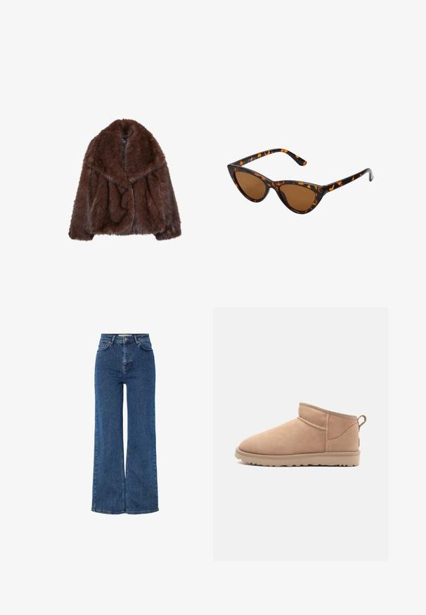 Rjav plašč iz umetnega krzna s širokim ovratnikom, ohlapnim krojem in mehko teksturo. Ima obsežen dizajn in brez vidnih zapiral. ; Rjav pleteni pulover z okroglim izrezom, spuščenimi rameni in rebrastimi manšetami. Mehka tekstura, skrajšan dizajn in ohlapen kroj.; Modre kavbojke z visokim pasom in širokimi nogami, ki imajo tradicionalno zasnovo s petimi žepi, kovinsko zaponko in kontrastno šivanje.; Tan zamšaste gležnjarje z zaobljenim nosom, mehko teksturo, preprostim dizajnom in nizkim gumijastim podplatom. Ima zanka na hrbtni strani.; Mačje oči sončna očala z okvirom v črno-oranžni želvej ohišji, rjavimi lečami in elegantnimi, ostrimi konicami. Imajo minimalistični logo na ročaju.; Temno rjava usnjena torbica s strukturirano obliko, ki ima dve zgornji ročaji in odstranljiv trak z zlatim zelojšim zakovicam.