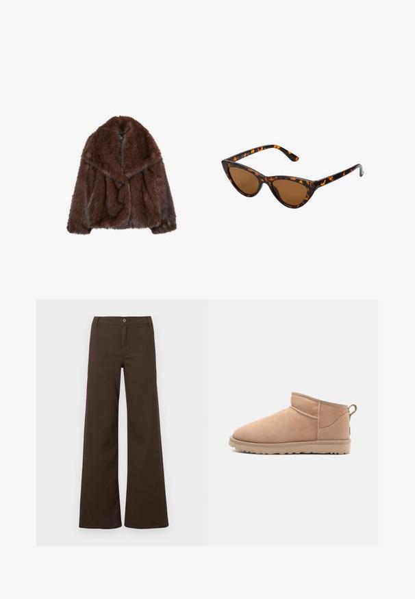 Manteau en fausse fourrure marron avec un large col, coupe ample et texture douce. Présente un design volumineux et sans fermetures visibles.; Pull en maille marron avec un col rond, des épaules basses et des poignets côtelés. Texture douce, design court et coupe ample.; Pantalons larges taille haute marron foncé avec fermeture à bouton et passants de ceinture, présentés sur un fond blanc uni.; Botte de cheville en daim beige avec un bout arrondi, une texture douce, un design simple et une semelle en caoutchouc à profil bas. Dispose d'une languette à l'arrière.; Lunettes de soleil style œil de chat avec une monture en écaille de tortue noire et orange, verres marron et pointes effilées et élégantes. Présente un logo minimaliste sur la branche.; Sac à main en cuir suédé marron foncé avec une forme structurée, doté de deux poignées supérieures et d'une bandoulière détachable avec une boucle en ton doré.