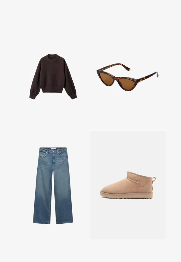 Brauner Kunstpelzmantel mit breitem Kragen, lockerer Passform und weicher Textur. Hat ein voluminöses Design und keine sichtbaren Verschlüsse.; Brauner Strickpullover mit rundem Halsausschnitt, überschnittenen Schultern und gerippten Bündchen. Weiche Textur, kurzes Design und lockere Passform.; Helleblaue weit geschnittene Jeans aus Denim mit mittelhoher Taille, zwei Fronttaschen und klassischen Nähten.; Beige Wildleder-Ankle-Boot mit abgerundetem Zehenbereich, weicher Textur, schlichtem Design und einer flachen Gummisohle. Mit einer Zuglasche auf der Rückseite.; Katzenaugen-Sonnenbrille mit einem schwarz-orangenen Schildpattrahmen, braunen Gläsern und schlanken, spitzen Enden. Verfügt über ein minimalistisches Logo am Bügel.; Dunkelbraune Wildleder-Handtasche mit strukturierter Form, ausgestattet mit zwei oberen Griffen und einem abnehmbaren Riemen mit einer goldfarbenen Schnallenakzent.