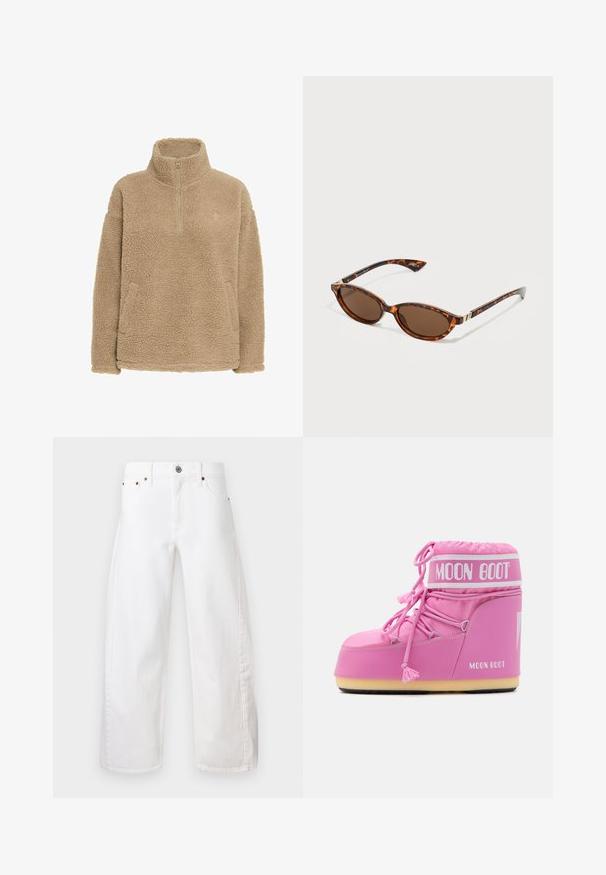 Hnedý umelý kožuch s širokým golierom, vo voľnom strihu a mäkkou textúrou. Má objemný dizajn a žiadne viditeľné zapínanie.; Béžový fleecový pulóver s polovičným zipsom, vysokým golierom a bočnými vreckami; má textúrovaný, jemný povrch a voľný strih.; Biele nohavice s širokými nohavicami vyrobené z bavlnenej denimu. Obsahujú zapínanie na gombík a zips, predné vrecká a jemné prešívanie pozdĺž švov.; Ružová Moon Boot s vysokým strihom, textúrovanou látkou, dekoračnými šnúrkami a značkovým popruhom. Má odolnú podrážku pre stabilitu.; Tortoiseshell slnečné okuliare s oválnymi šošovkami, hnedým zafarbením skla, úzkymi rámami a zlatými kovovými akcentmi pri pántoch.; Žltá lakovaná kožená kabelka zaobleného tvaru, s jedným horným uchom a striebornou logom doskou. Obsahuje zapínanie na zips a hladký povrch.