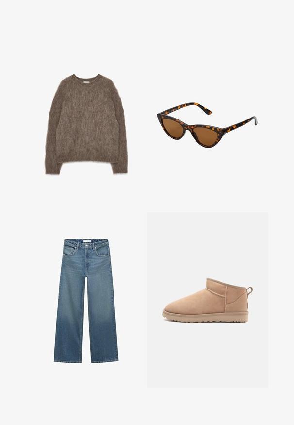 Ruskea tekoturkis takki, jossa on leveä kaulus, löysä istuvuus ja pehmeä pinta. Takissa on runsas muotoilu ja ei näkyviä kiinnityksiä.; Ruskea pörröinen neule, pitkät hihat, pyöreä kaula-aukko, ylisuuri istuvuus, pehmeä tekstiili, joka näyttää karhealta, ei näkyviä varusteita tai koristeita.; Vaaleansiniset leveät farkut, jotka on valmistettu denimistä, keskikorkea vyötärö, kaksi etutaskua ja perinteiset ompeluyksityiskohdat.; Tan suede nilon kaki dengan ujung bulat, tekstur lembut, desain sederhana, dan sol karet profil rendah. Dilengkapi dengan tab tarik di belakang.; Kattöga solglasögon med en svart och orange sköldpaddsmönstrad båge, bruna linser och slanka, spetsiga spetsar. Har en minimal logotyp på skalmen.; Tummanruskea mokkanahkainen käsilaukku, jossa on jämäkkä muoto, varustettuna kahdella ylhäällä olevalla kahvalla ja irrotettavalla hihnalla, jossa on kultasävyinen solki.