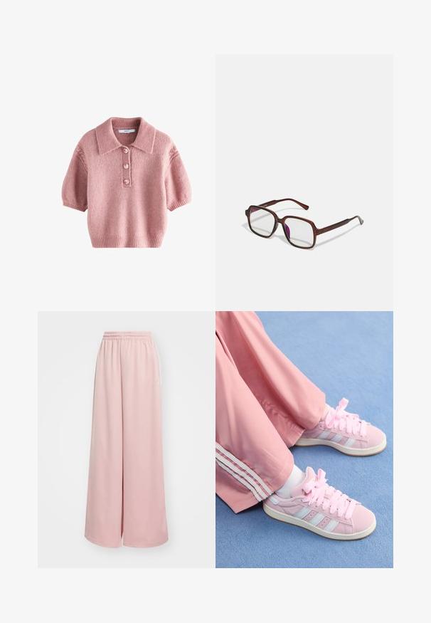 Manteau en fausse fourrure marron avec un large col, coupe ample et texture douce. Présente un design volumineux et sans fermetures visibles.; Pull en maille rose à manches courtes avec un col, comprenant une patte de boutonnage avec quatre boutons et des bords côtelés au bas et aux poignets. Texture douce.; Pantalon large rose clair avec une taille élastique. Tissu lisse avec des poches latérales et une marque discrète sur la jambe gauche.; Baskets de sport roses avec des rayures bleu clair, bout rond et lacets épais roses, associées à un pantalon de survêtement rose avec des rayures blanches sur les côtés.; Lunettes rectangulaires marron avec des verres transparents et des nuances violacées. Monture en plastique lisse avec des branches droites et des accents subtils.; COACH SWING ZIP BAG 20 - Sac à main - light blue