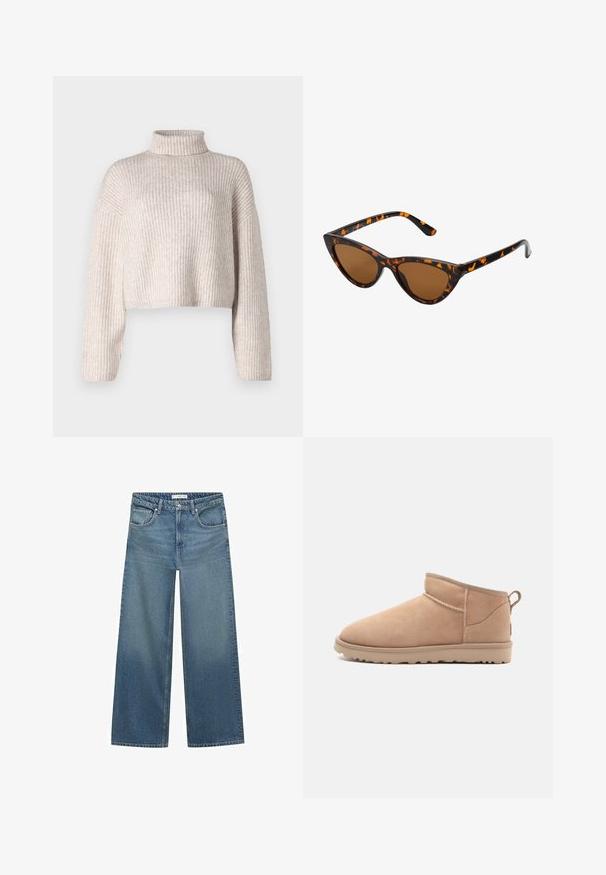 Manteau en fausse fourrure marron avec un large col, coupe ample et texture douce. Présente un design volumineux et sans fermetures visibles.; Pull en maille côtelée crème avec un col haut, un design cropped et des manches longues. Texture douce, tissu léger et détails minimaux.; Jean large bleu clair en denim, avec une taille mi-haute, deux poches avant et des détails de couture classiques.; Botte de cheville en daim beige avec un bout arrondi, une texture douce, un design simple et une semelle en caoutchouc à profil bas. Dispose d'une languette à l'arrière.; Lunettes de soleil style œil de chat avec une monture en écaille de tortue noire et orange, verres marron et pointes effilées et élégantes. Présente un logo minimaliste sur la branche.; Sac à main en cuir suédé marron foncé avec une forme structurée, doté de deux poignées supérieures et d'une bandoulière détachable avec une boucle en ton doré.
