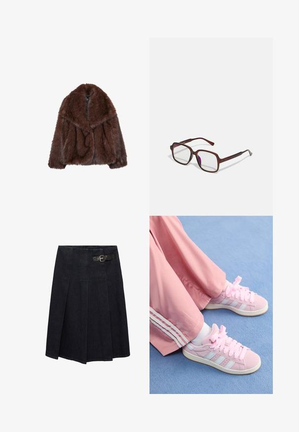 Bruine nepbontjas met een brede kraag, een losse pasvorm en een zachte textuur. Kenmerkt zich door een volumineus ontwerp en heeft geen zichtbare sluitingen.; Langsleeve, ronde hals t-shirt van donkerbruin katoen. Vloeiende textuur met een rechte zoom en zijsplitten aan de onderkant.; Donkerdenim rok met een aansluitende taille, zijdelingse gespdetails, geplooid ontwerp en een licht uitlopende silhouet. Naaddetails overal.; Roze sportieve schoenen met lichtblauwe strepen, ronde neuzen en dikke roze veters, gecombineerd met roze trainingsbroeken met witte zijstrepen.; Bruine, rechthoekige bril met transparante glazen en paarse tinten. Glad kunststof montuur met rechte pootjes en subtiele accenten.; Gouden ring met een groot "M" ontwerp, bezaaid met kleine heldere rhinestones, glanzende, zachte band, moderne en gedurfde uitstraling.