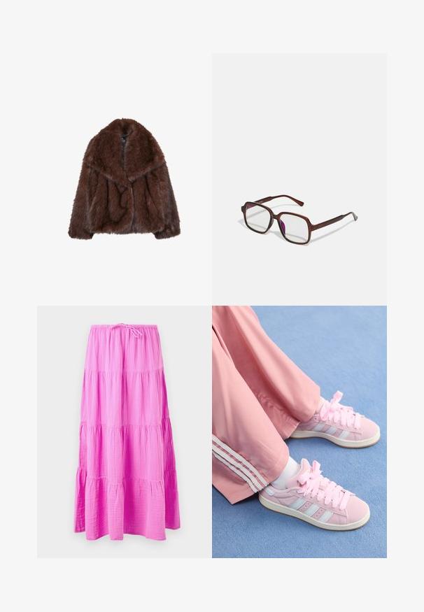 Brauner Kunstpelzmantel mit breitem Kragen, lockerer Passform und weicher Textur. Hat ein voluminöses Design und keine sichtbaren Verschlüsse.; Langärmliges T-Shirt mit Rundhalsausschnitt aus dunkelbraunem Baumwollstoff. Glatte Textur mit geradem Saum und Seitenschlitzen am unteren Ende.; Lange, gestufte Rock in leuchtendem Pink, aus einem weichen, strukturierten Stoff. Verfügt über einen elastischen Bund mit Kordelzug für eine verstellbare Passform.; Rosa Sportschuhe mit hellblauen Streifen, runder Zehenform und dicken rosa Schnürsenkeln, kombiniert mit rosa Jogginghosen mit weißen Seitenstreifen.; Braune, rechteckige Brille mit transparenten Gläsern und lila Tönungen. Glatter Kunststoffrahmen mit geraden Bügeln und dezenten Akzenten.; Goldring mit großem "M"-Design, besetzt mit kleinen klaren Strasssteinen, glatter, glänzender Band, modernes, mutiges Aussehen.