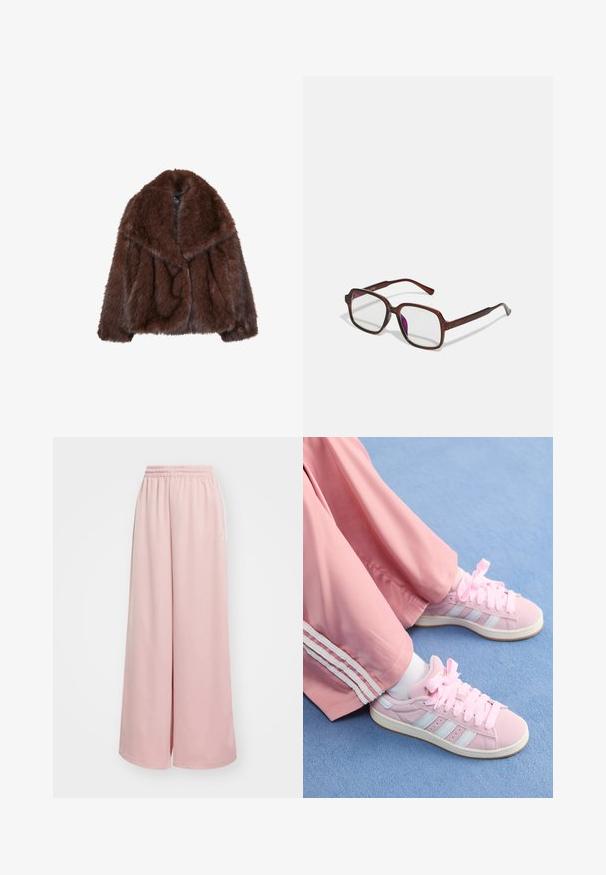 Hnědý kožich z umělé kožešiny s širokým límcem, volným střihem a měkkou texturou. Disponuje objemným designem a bez viditelných zapínání.; Mikina s dlouhým rukávem a kulatým výstřihem z tmavohnědé bavlny. Hladká textura, rovný lem a boční rozparky na spodní části.; Světle růžové kalhoty s širokými nohavicemi a elastickým pasem. Hladká tkanina s bočními kapsami a decentním značkováním na levé nohavici.; Růžové sportovní boty se světle modrými pruhy, kulatá špička a silné růžové tkaničky, spárované s růžovými tepláky se bílými bočními pruhy.; Hnědé, obdélníkové brýle s průhlednými skly a fialovými odstíny. Hladký plastový rám s rovnými nohami a jemnými akcenty.; Zlatý prsten s velkým designem "M", ozdobený malými průhlednými kamínky, hladký lesklý pás, moderní a odvážný vzhled.