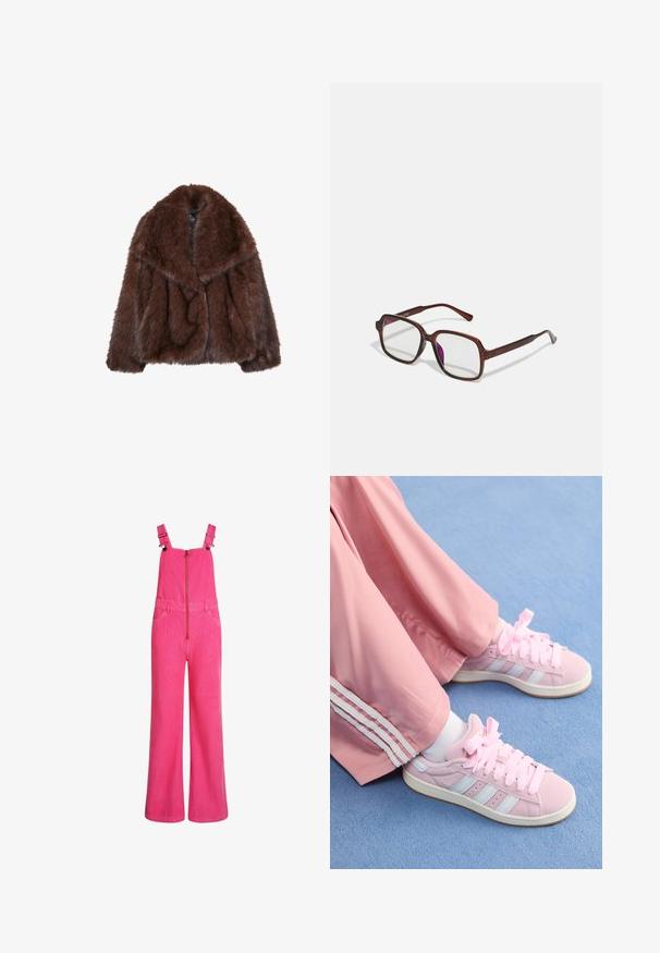 Brauner Kunstpelzmantel mit breitem Kragen, lockerer Passform und weicher Textur. Hat ein voluminöses Design und keine sichtbaren Verschlüsse.; Langärmliges T-Shirt mit Rundhalsausschnitt aus dunkelbraunem Baumwollstoff. Glatte Textur mit geradem Saum und Seitenschlitzen am unteren Ende.; Helle pinke weite Corduroy-Latzhose mit verstellbaren Schulterträgern, Front-Reißverschluss und Seitentaschen, auf weißem Hintergrund gezeigt.; Rosa Sportschuhe mit hellblauen Streifen, runder Zehenform und dicken rosa Schnürsenkeln, kombiniert mit rosa Jogginghosen mit weißen Seitenstreifen.; Braune, rechteckige Brille mit transparenten Gläsern und lila Tönungen. Glatter Kunststoffrahmen mit geraden Bügeln und dezenten Akzenten.; Gelbe lackierte Lederhandtasche mit runder Form, einem einzelnen oberen Griff und einer silbernen Logo-Platte. Verfügt über einen Reißverschluss und eine glatte Textur.; Goldring mit großem "M"-Design, besetzt mit kleinen klaren Strasssteinen, glatter, glänzender Band, modernes, mutiges Aussehen.