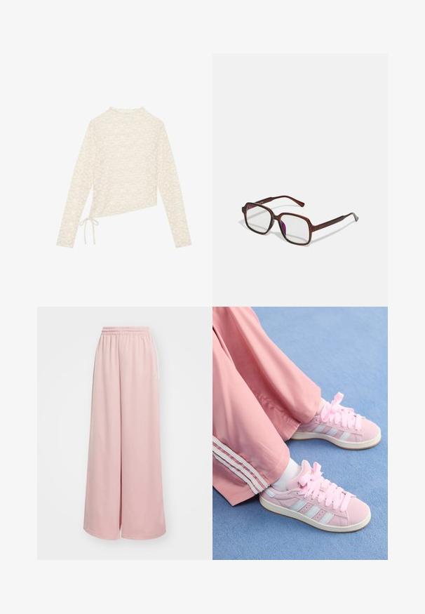 Brown faux fur coat with a wide collar, loose fit, and soft texture. Features a voluminous design and no visible fastenings.; Cream long-sleeve top, featuring a floral lace pattern, high neck, and a side tie detail for adjustable fit. Soft texture and lightweight fabric.; Light pink wide-leg pants with an elastic waistband. Smooth fabric with side pockets and subtle branding on the left leg.; Pink athletic shoes with light blue stripes, round toe, and thick pink laces, paired with pink track pants featuring white side stripes.; Brown, rectangular eyeglasses with transparent lenses and purple tints. Smooth plastic frame with straight temples and subtle accents.; Gold ring featuring a large "M" design, encrusted with small clear rhinestones, smooth shiny band, modern bold appearance.