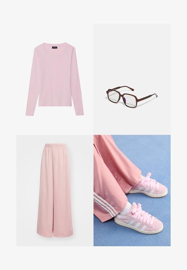 Brauner Kunstpelzmantel mit breitem Kragen, lockerer Passform und weicher Textur. Hat ein voluminöses Design und keine sichtbaren Verschlüsse.; Helles, rosa langärmliges Oberteil mit gerundetem Ausschnitt und figurbetonter Silhouette. Hergestellt aus weichem, strukturiertem Stoff. Minimalistisches Design, ohne Muster.; Helle rosa weit geschnittene Hose mit elastischem Bund. Glatter Stoff mit seitlichen Taschen und dezentem Branding am linken Bein.; Rosa Sportschuhe mit hellblauen Streifen, runder Zehenform und dicken rosa Schnürsenkeln, kombiniert mit rosa Jogginghosen mit weißen Seitenstreifen.; Braune, rechteckige Brille mit transparenten Gläsern und lila Tönungen. Glatter Kunststoffrahmen mit geraden Bügeln und dezenten Akzenten.