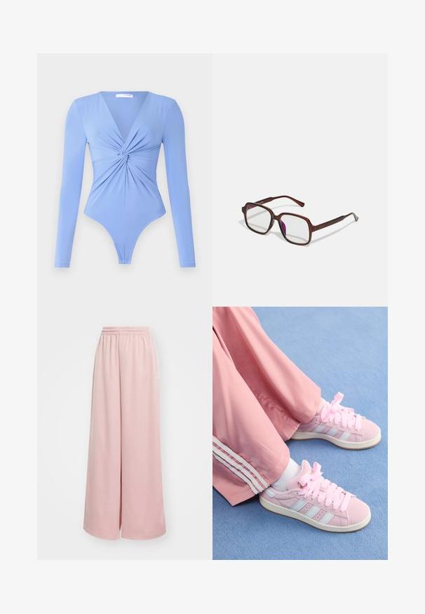 Ruskea tekoturkis takki, jossa on leveä kaulus, löysä istuvuus ja pehmeä pinta. Takissa on runsas muotoilu ja ei näkyviä kiinnityksiä.; Pitkähiha bodysuit vaaleansinisessä värissä, jossa on V-painike ja kierretty etuosa. Kankaan tekstuuri näyttää sileältä ja joustavalta, ja malli on stringi-leikkauksella.; Vaaleanpunaiset leveälahkeiset housut, jossa on joustava vyötärö. Liukas kangas, jossa on sivutaskut ja huomaamaton logomerkintä vasemmassa lahkeessa.; Vaaleanpunaiset urheilujalkineet, joissa on vaaleansiniset raidat, pyöreä kärki ja paksut vaaleanpunaiset nauhat. Niiden kanssa on yhdistetty vaaleanpunaiset treenihousut, joissa on valkoiset sivuraidat.; Ruske, rektangulære briller med transparente linser og lilla toner. Glatt plastisk ramme med rette stenger og subtile detaljer.; Keltainen kiiltävä laukku, jossa on pyöreä muoto, yksi yläp käsikahva ja hopeinen logo-levy. Varusteena vetoketjukiinnitys ja sileä pinta.; Kultaketju, jossa on suuri "M"-muotoilu, jossa on pieniä kirkasta rhinestoneja, sileä kiiltävä rengas, moderni ja rohkea ulkonäkö.