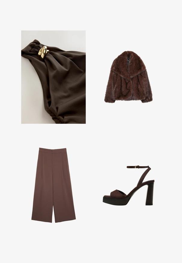 Ruskea tekoturkis takki, jossa on leveä kaulus, löysä istuvuus ja pehmeä pinta. Takissa on runsas muotoilu ja ei näkyviä kiinnityksiä.; Tummanruskea uimapuku, jossa on kerrostettu kankaan muotoilu, kierrekoriste ja kultaharkkiset metalliyksityiskohdat. Sileä pinta.; Ruskeat leveälahkeiset housut, joissa on sileä pinta, korkea vyötärö ja etupleat. Kangas on kevyttä ja laskeutuu väljänä.; Ruske kožne sandale s visokom potpeticom, otvorenim prstima, podesivim kopčanjem oko gležnja i prugastim platformskim đonom.