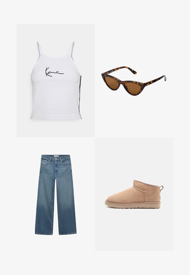 Hnedý umelý kožuch s širokým golierom, vo voľnom strihu a mäkkou textúrou. Má objemný dizajn a žiadne viditeľné zapínanie.; Biely bezrukávový crop top vyrobený z bavlny, s čiernym vyšívaným textom. Bočný panel ukazuje vzorovanú textíliu, pridávajúcu textúru.; Svetlomodré široké džínsy vyrobené z denimu, s pásom strednej výšky, dvoma prednými vreckami a klasickými prešívacími detailmi.; Svetlé semišové členkové čižmy s okrúhlou špičkou, jemnou textúrou, jednoduchým dizajnom a nízkoprofilovou gumovou podrážkou. Obsahujú pomocný pásik na zadnej strane.; Mačacie slnečné okuliare s čiernym a oranžovým želvovinovým rámom, hnedými sklami a elegantnými, špicatými koncami. Obsahujú minimalistické logo na spánku.; Tmavo hnedá semišová kabelka so štruktúrovaným tvarom, s dvomi hornými uchami a odnímateľným popruhom s akcentom zlatého tónu s prackou.