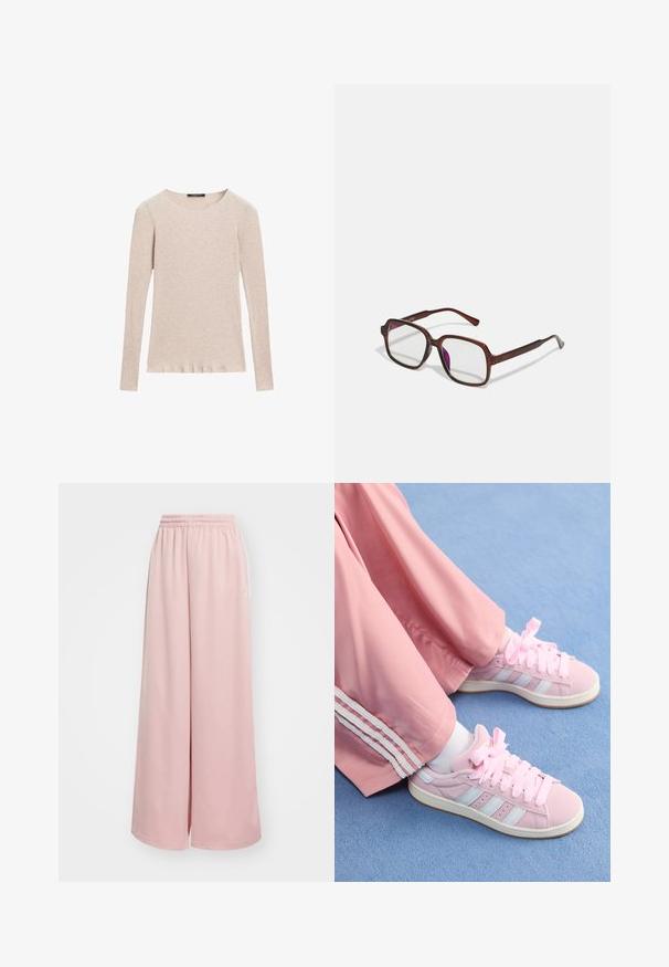 Brauner Kunstpelzmantel mit breitem Kragen, lockerer Passform und weicher Textur. Hat ein voluminöses Design und keine sichtbaren Verschlüsse.; Beige Langarm-Rippstrickoberteil mit rundem Ausschnitt und figurbetonter Silhouette, aus dehnbarem Stoff mit subtiler Struktur.; Helle rosa weit geschnittene Hose mit elastischem Bund. Glatter Stoff mit seitlichen Taschen und dezentem Branding am linken Bein.; Rosa Sportschuhe mit hellblauen Streifen, runder Zehenform und dicken rosa Schnürsenkeln, kombiniert mit rosa Jogginghosen mit weißen Seitenstreifen.; Braune, rechteckige Brille mit transparenten Gläsern und lila Tönungen. Glatter Kunststoffrahmen mit geraden Bügeln und dezenten Akzenten.; Gelbe lackierte Lederhandtasche mit runder Form, einem einzelnen oberen Griff und einer silbernen Logo-Platte. Verfügt über einen Reißverschluss und eine glatte Textur.