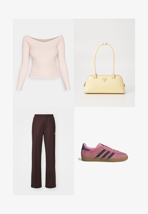 Smeđi kaput od umjetnog krzna s širokim ovratnikom, slobodnim krojem i mekanom teksturom. Ima bujan dizajn i nema vidljivih kopčanja.; Svijetlo ružičasta, rebrasta majica s dugim rukavima s necklinom bez ramena i uskim dizajnom. Glatka tekstura; bez vidljivih uzoraka ili metalnih dijelova.; Smeđe atletske hlače s elastičnim pojasom, dva bočna džepa i malim logotipom na lijevoj strani, napravljene od mekanog materijala.; Roze nubuk tenisice s crnim prugama, gumeni potplat i teksturirani ljubičasti petni dio. Imaju vezivanje i utisnuti brend na strani.; Žuta lakirana kožna torba za ruke zaobljenog oblika, s jednim gornjim drške i srebrnom logotip pločicom. Ima zatvaranje na zip i glatku teksturu.