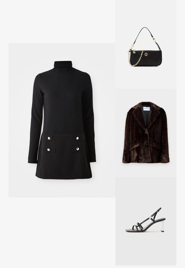 Tumedat pruunid sünteetilisest karusnahast mantlid laiade kraede, nööpklõpsu ja esiflipiga, ripuvad lihtsa valge tausta ees.; Mustra mustris turtleneck kleit, millel on pikad varrukad, sobiv ülemine osa ja laienev seelik, mis sisaldab kahte eesmist taskut ja kuldset värvi nuppe.; Mustad musta värvi kontsaga sandaalid mitme kitsaste rihmaga, slingback disainiga ja hõbedase aktsendiga kontsal. Sile ülemine materjal ja kvartskonts.; Must märk musta käekott sileda tekstuuriga, millel on kuldne kett ja lukuga kinnitamine ning esiküljel dekoratiivne kuldne embleem.