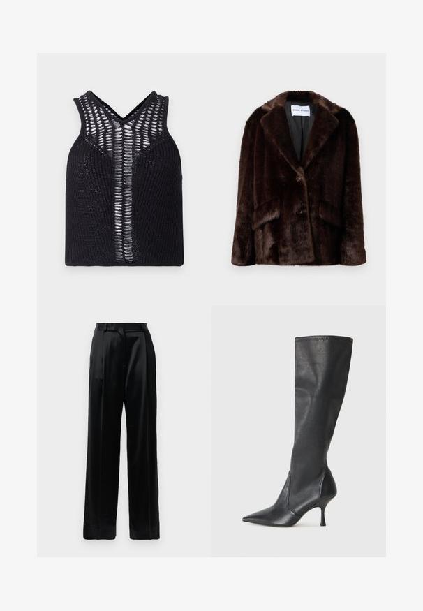 Temno rjav plašč iz umetnega krzna s širokimi reverji, z gumbom in sprednjimi žepi z zavihkom, obešen ob enotnem belem ozadju.; Črn pleten tank top z V-izrezom, ki ima stranske prozorne panele spredaj. Rebričasta tekstura z oprijetim krojem.; Črne satenske hlače visoke pasu z ravnimi širokimi nogami, z zankami za pas in ravnim sprednjim zapiranjem na enobarvni beli podlagi.; Črne usnjene škornje do kolen s koničastim nosom in ozkim stiletto peto. Gladka tekstura z oblikovanim dizajnom in šivi na zgornjem robu.