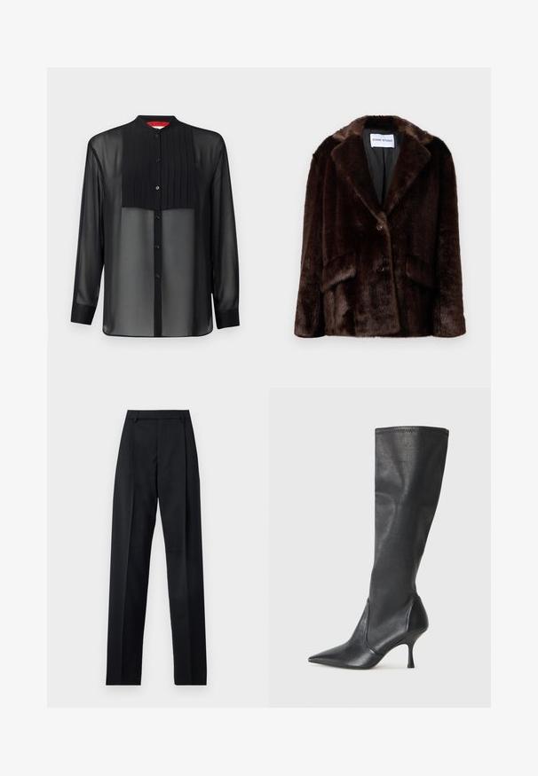 Cappotto in pelliccia sintetica marrone scuro con ampi risvolti, chiusura a bottone e tasche frontali a pattina, appeso contro uno sfondo bianco semplice.; Camicia nera a maniche lunghe in tessuto trasparente con un pannello frontale plissettato. Caratterizzata da un colletto alla cinese e chiusura a bottone sul davanti.; Pantaloni neri realizzati in tessuto morbido, caratterizzati da vita alta, gambe larghe, pince frontali e classiche passanti per cintura. Non ci sono tasche laterali visibili.; Stivali neri in pelle al ginocchio con punta affusolata e tacco a stiletto sottile. Texture liscia con design aderente e cuciture lungo il bordo superiore.