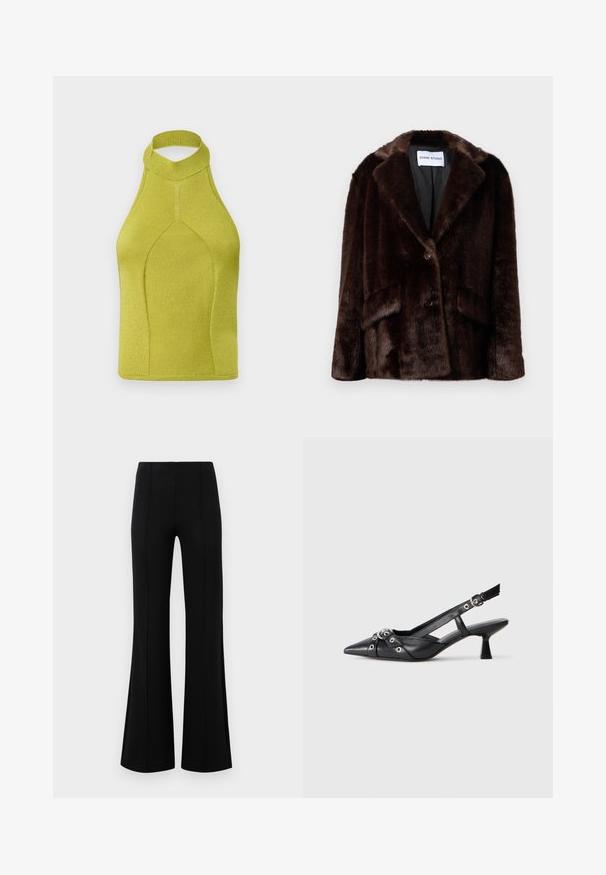 Sötétbarna műszőrme kabát széles rejtegetőkkel, gombzárással és elülső zsebflapokkal, egy sima fehér háttér előtt lóg.; Élénk lime zöld kötött halter top, magas gallérral, varrás nélküli kivitelben és bordázott textúrával, amely aktív viseletre alkalmas.; Fekete, flared nadrág magas derékkal, rugalmas anyagból készült. Elölnézetén függőleges varrásokkal rendelkezik, sima textúrával.; Fekete bőr slingback cipő hegyes orral, dekoratív pántokkal, fém szemekkel és alacsony blokk sarkú. Texturált felület.