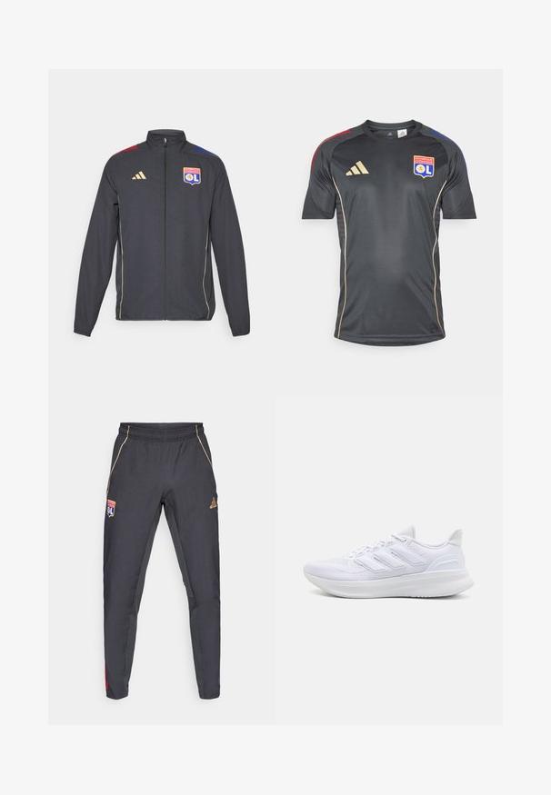 Black athletic jacket with gold accents, featuring a full zipper, high collar, and blue and red horizontal stripes on shoulders. Olympic Lyonnais logo.; Black athletic jersey with short sleeves, featuring gold accents and a team logo. Made of smooth, moisture-wicking material.; Dark gray athletic pants with gold accents, featuring a waistband, logo patch, and red and blue side details. Smooth fabric texture.; White athletic shoes featuring a textured mesh upper, supportive cushioned sole, and three stripe design on the side.
