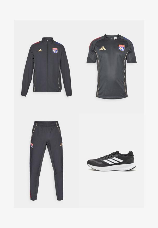 Jachetă sport neagră cu accente aurii, dotată cu un fermoar complet, guler înalt și dungi orizontale albastre și roșii pe umeri. Logo-ul Olympique Lyonnais.; Tricou athletic negru cu mâneci scurte, cu accente aurii și logo-ul echipei. Fabricat dintr-un material neted, care absoarbe umezeala.; Pantaloni sportivi gri închis cu accente aurii, având un brâu, un logo și detalii laterale roșii și albastre. Textură netedă a materialului.; Pantof cu aspect sport de culoare neagră, cu un upper din plasă respirabilă, accente albe și o talpă amortizată. Include logo-ul cu trei dungi pe lateral.