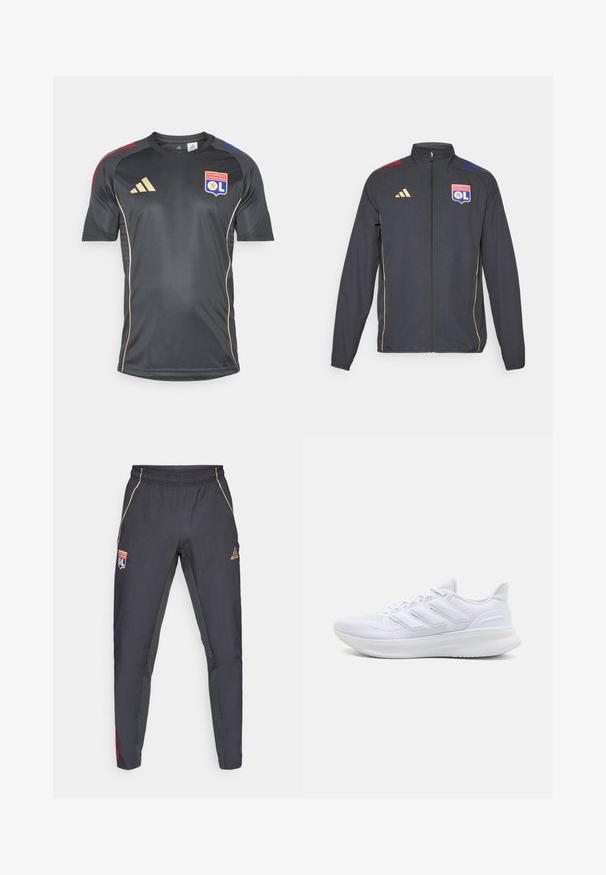 Crna sportska jakna s zlatnim detaljima, koja ima puni patentni zatvarač, visoki ovratnik i plave i crvene horizontalne pruge na ramenima. Logo Olympique Lyonnais.; Crna atletska majica kratkih rukava, s zlatnim detaljima i logom tima. Izrađena od glatkog, materijala koji upija vlagu.; Tamno sivi atletski hlače s zlatnim detaljima, koje imaju pojas, logotip i crvene i plave bočne detalje. Glatka tekstura tkanine.; Bijele atletske cipele s gornjim dijelom od teksturirane mrežice, potporanom uteznom sredinom i dizajnom s tri pruge sa strane.