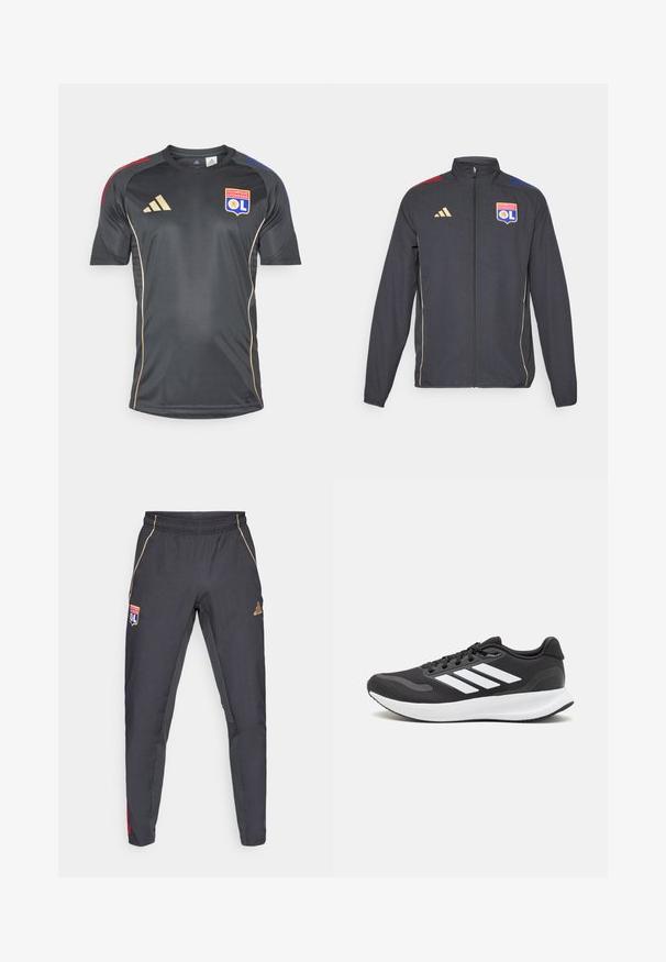 Jachetă sport neagră cu accente aurii, dotată cu un fermoar complet, guler înalt și dungi orizontale albastre și roșii pe umeri. Logo-ul Olympique Lyonnais.; Tricou athletic negru cu mâneci scurte, cu accente aurii și logo-ul echipei. Fabricat dintr-un material neted, care absoarbe umezeala.; Pantaloni sportivi gri închis cu accente aurii, având un brâu, un logo și detalii laterale roșii și albastre. Textură netedă a materialului.; Pantof cu aspect sport de culoare neagră, cu un upper din plasă respirabilă, accente albe și o talpă amortizată. Include logo-ul cu trei dungi pe lateral.