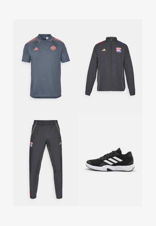 Jachetă sport neagră cu accente aurii, dotată cu un fermoar complet, guler înalt și dungi orizontale albastre și roșii pe umeri. Logo-ul Olympique Lyonnais.; Polo de culoare gri închis cu mâneci scurte, având accente portocalii pe umeri și guler, și un logo Bayern Munchen pe piept.; Pantaloni sportivi gri închis cu accente aurii, având un brâu, un logo și detalii laterale roșii și albastre. Textură netedă a materialului.; Pantofi sport negri cu un material din plasă texturată, benzi albe de accent, o talpă cushioned și un călcâi întărit pentru suport.