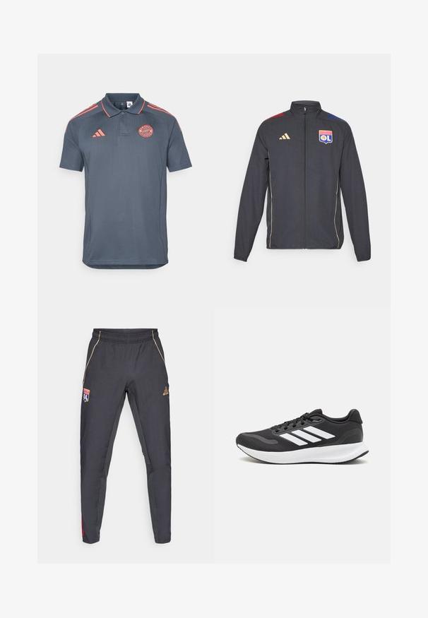 Musta urheilu takki kultaisilla yksityiskohdilla, jossa on täysi vetoketju, korkea kaulus ja siniset ja punaiset vaakasuorat raidat harteilla. Olympique Lyonnais -logo.; Tummanharmaa polo-paita lyhyillä hihoilla, jossa on oranssit yksityiskohdat olkapäissä ja kauluksessa sekä Bayern Münchenin logo rinnassa.; Tummanharmaat urheiluhousut kultaisilla yksityiskohdilla, joissa on vyötärönauha, logopatch ja punaiset sekä siniset sivuosat. Sujuva kangaspinta.; Mustat urheilukengät hengittävällä verkkosella yläosalla, valkoisilla yksityiskohdilla ja pehmustetulla pohjalla. Sivussa on kolme raitaa -logo.