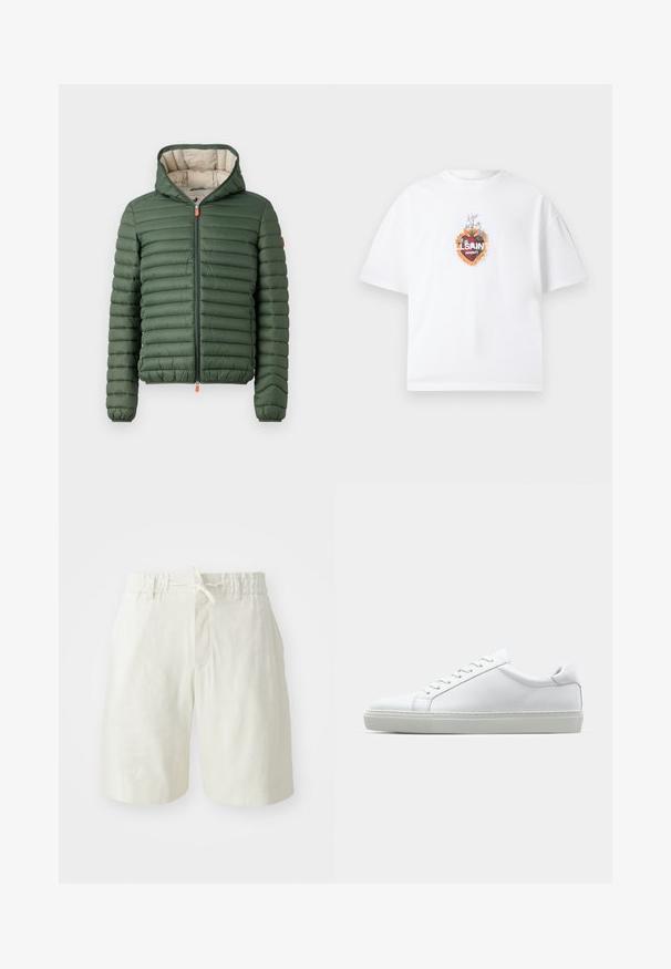 Grønn quiltet puffer-jakke med hette, frontlås med oransje drahåndtak og elastiske mansjetter, vist på en enkel hvit bakgrunn.; Hvit oversized T-skjorte med et fargerikt hellig hjerte-grafikk og teksten "AllSaints London" sentrert på brystet.; Lyse beige shorts laget av et mykt, strukturert stoff. Har elastisk midjebånd med snor og en enkelt frontlomme.; Hvit sneakers med en glatt skinnoverdel og lav profil. Har en rund tå, seks snøring hull, og en teksturert gummisåle.
