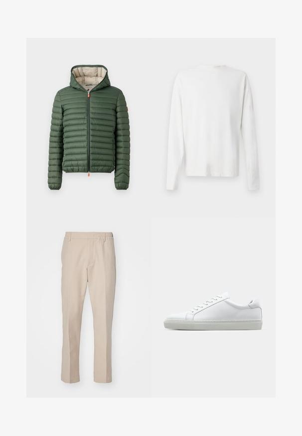 Green quilted puffer jacket with hood, front zipper with orange pulls, and elastic cuffs, displayed on a plain white background.; Long-sleeved white cotton shirt with a round neckline, side slits at the bottom, and a smooth texture, displayed from the back.; Beige trousers with a smooth texture, straight cut, and elastic waistband. Features side pockets and a neutral color suitable for versatile outfits.; White sneaker with a smooth leather upper and a low profile. Features a rounded toe, six eyelets, and a textured rubber sole.