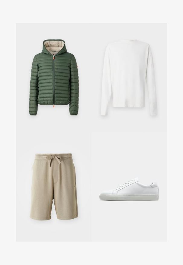 Green quilted puffer jacket with hood, front zipper with orange pulls, and elastic cuffs, displayed on a plain white background.; Long-sleeved white cotton shirt with a round neckline, side slits at the bottom, and a smooth texture, displayed from the back.; Beige shorts with a soft texture, elastic waistband, drawstring, and side pockets. Mid-thigh length and minimal branding on the hem.; White sneaker with a smooth leather upper and a low profile. Features a rounded toe, six eyelets, and a textured rubber sole.