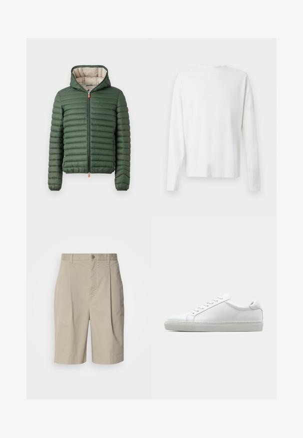 Grønn quiltet puffer-jakke med hette, frontlås med oransje drahåndtak og elastiske mansjetter, vist på en enkel hvit bakgrunn.; Langermet hvit bomullsskjorte med rund hals, sidespalter nederst og en jevn tekstur, vist fra baksiden.; Beige bomullsshorts med folder foran, knappelukking i midjen og sidelommer. Glatt tekstur og kne-lengde.; Hvit sneakers med en glatt skinnoverdel og lav profil. Har en rund tå, seks snøring hull, og en teksturert gummisåle.