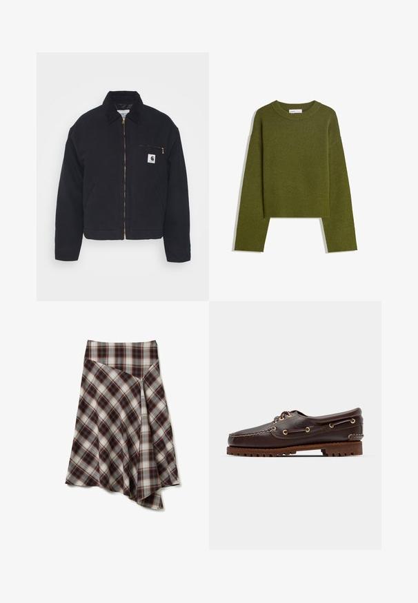 Schwarze Jeansjacke mit samtigem Kragen, Reißverschluss vorne und einer Brusttasche mit einem goldenen Reißverschluss und einem Logo-Patch auf der linken Seite.; Olivgrüner Strickpullover mit Rundhalsausschnitt, langen Ärmeln und geripptem Saum. Verfügt über ein kurzes Design mit einer weichen, strukturierten Oberfläche.; Asymmetrischer Midirock mit einem karierter Muster in Braun, Beige und Blau sowie diagonalen Paneeldetails.; Braune Lederbootsschuhe mit goldenen Ösen, runden Schnürsenkeln und einer strukturierten braunen Gummisohle. Verfügt über genähte Details und ein erhabenes Logo.