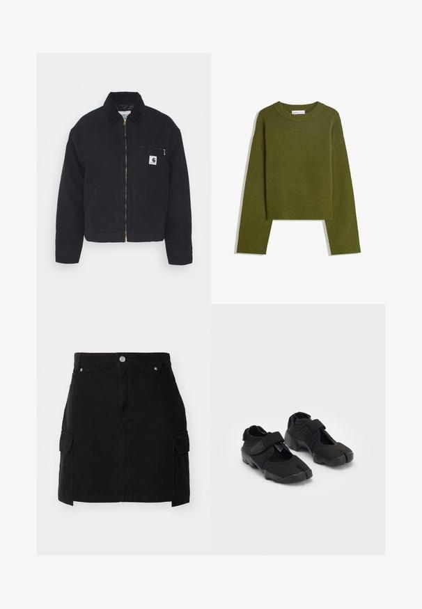 Fekete farmerdzseki kordbársonyos gallérral, cipzárral elöl, és egy mellzsebbel, amely aranycipzárral és logóval ellátott folttal rendelkezik a bal oldalon.; Olívazöld kötött pulóver kerek nyakkal, hosszú ujjakkal és bordázott aljjal. Rövidített fazonú, lágy, texturált felülettel rendelkezik.; Fekete farmer szoknya, amely illeszkedő sziluettel, elől gombos zárással és két oldalsó cargo zsebbel rendelkezik. Tűzött részletekkel tervezték.; Fekete vízicipők rugalmas anyagból, tépőzárral, egyedülálló osztott orrdesignnal és texturált gumitalppal a tapadás érdekében.