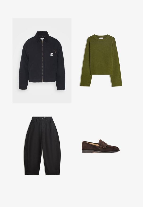 Black denim jacket with a corduroy collar, zip front, and a chest pocket featuring a gold zipper and a logo patch on the left side.; Olive green knitted sweater with a round neck, long sleeves, and ribbed hem. Features a cropped design with a soft, textured finish.; Black wide-leg trousers made from cotton, featuring a high waist, five pockets, and metal button closure. Smooth texture and no visible patterns.; Brown suede loafers with a rounded toe, featuring a flat black sole and decorative strap accent across the instep. Smooth texture.