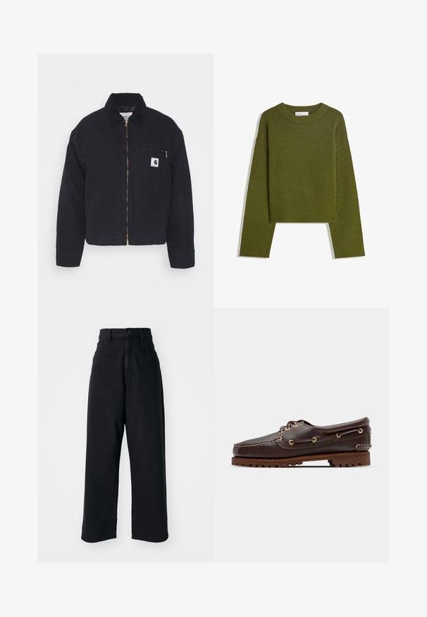 Črna jeans jakna z žametnim ovratnikom, zadrgo spredaj in prsno žepom, ki ima zlato zadrgo ter logotip na levi strani.; Olivno zelena pletena jopica s krojem na okroglo, dolgimi rokavi in ribanim robom. Ima skrajšan dizajn s mehkimi, teksturiranimi zaključki.; Črne široke kavbojke z visokim pasom in sprednjimi žepi ter gumbom za zapiranje, prikazane na enotnem belem ozadju.; Rjave usnjene čolnarske čevlje z zlatimi očesi, okroglicami in teksturiranim rjavim gumijastim podplatom. Ima šivano podrobno obdelavo in dvignjen logotip.