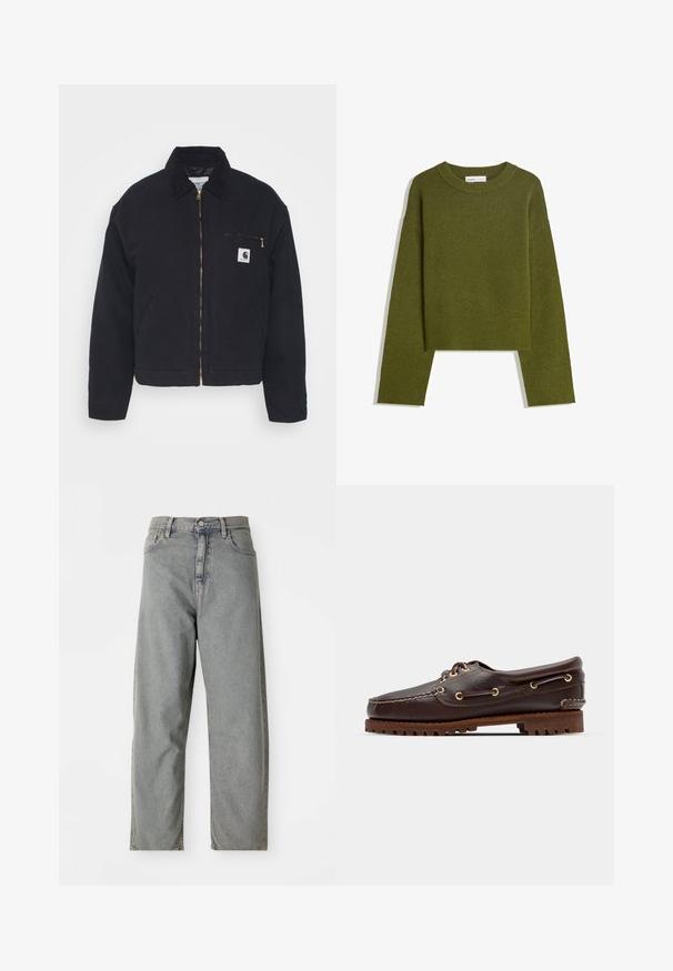 Czarna kurtka ze denimu z kołnierzem z sztruksu, zamkiem na przodzie oraz kieszenią na piersi z złotym zamkiem i naszywką z logo po lewej stronie.; Oliwkowy dzianinowy sweter z okrągłym dekoltem, długimi rękawami i ribbowym wykończeniem. Charakteryzuje się skróconym fasonem i miękkim, teksturowanym wykończeniem.; Jasnoszare dżinsy o prostym kroju, z zapięciem na guzik z przodu, pięcioma kieszeniami i subtelnym efektem wyblaknięcia.; Brązowe skórzane buty w stylu boat shoe z złotymi oczkami, okrągłymi sznurowadłami oraz teksturowaną brązową gumową podeszwą. Zawierają przeszycia i wypukłe logo.