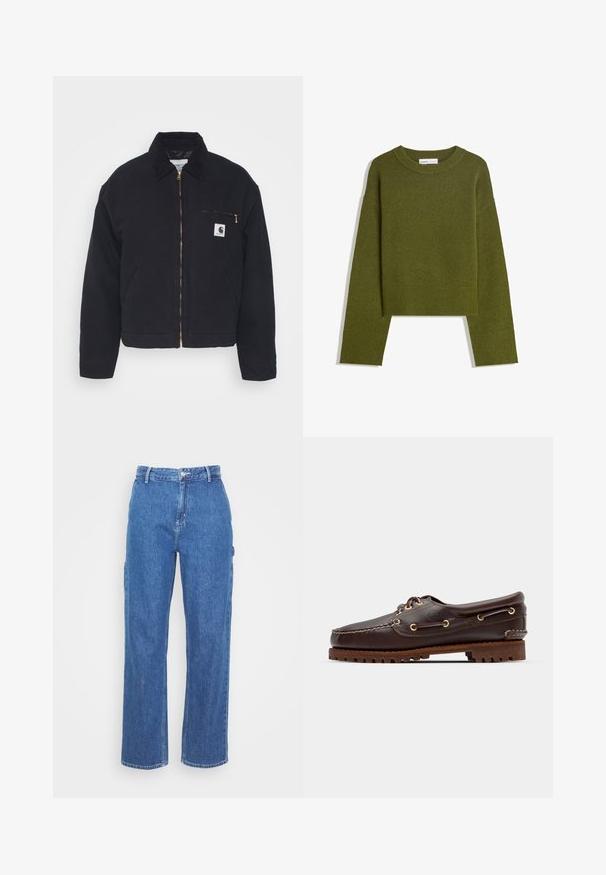 Zwart denim jack met een corduroy kraag, ritssluiting vooraan en een borstzak met een gouden rits en een logo patch aan de linkerkant.; Olijfgroene gebreide trui met een ronde hals, lange mouwen en een geribde zoom. Beschikt over een cropped ontwerp met een zachte, gestructureerde afwerking.; Blauwe denim hoge taillebroek met een rechte pijpdesign, voorzien van een sluiting met een knoop aan de voorkant en zijzakken. Een gladde textuur en geen zichtbare patronen.; Bruine leren bootsschoen met gouden oogjes, ronde veters en een gestructureerde bruine rubberen zool. Kenmerkt zich door gestikte details en een verhoogd logo.