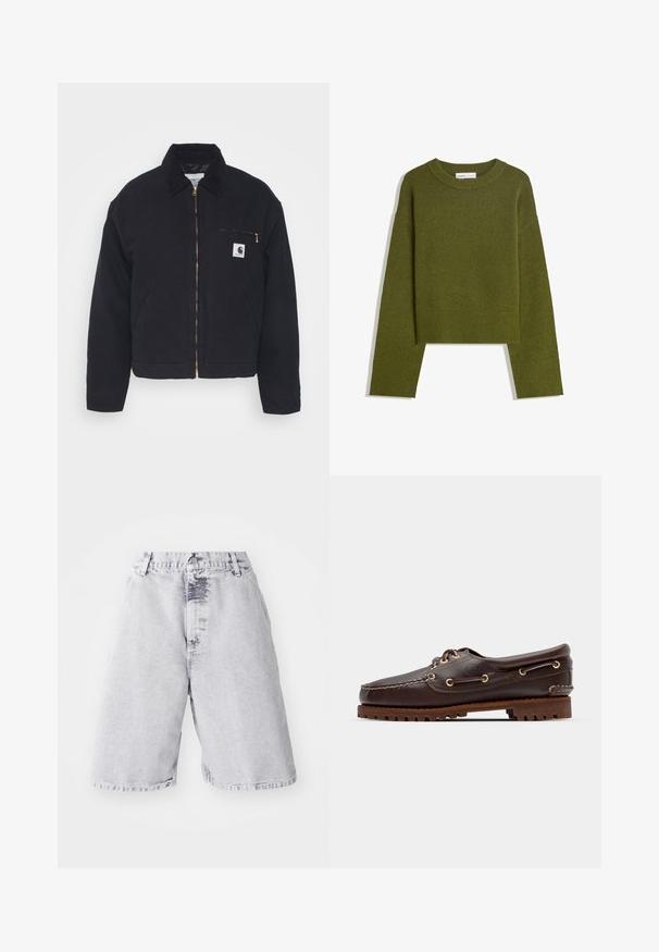 Schwarze Jeansjacke mit samtigem Kragen, Reißverschluss vorne und einer Brusttasche mit einem goldenen Reißverschluss und einem Logo-Patch auf der linken Seite.; Olivgrüner Strickpullover mit Rundhalsausschnitt, langen Ärmeln und geripptem Saum. Verfügt über ein kurzes Design mit einer weichen, strukturierten Oberfläche.; Helle graue Denim-Shorts mit verwaschenem Material. Sie haben einen Knopf- und Reißverschluss, Gürtelschlaufen und ein gerades Bein-Design.; Braune Lederbootsschuhe mit goldenen Ösen, runden Schnürsenkeln und einer strukturierten braunen Gummisohle. Verfügt über genähte Details und ein erhabenes Logo.